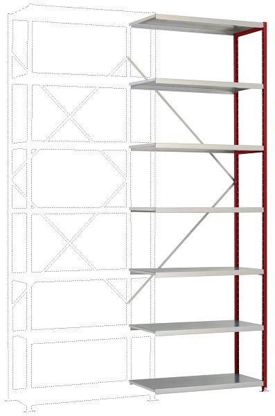 Manuflex Mittelschweres Fachboden-Steckregal Anbauregal mit 7 Stahlböden, HxBxT = 3000 x 1000 x 500 mm, rubinrot, RP1719.3003