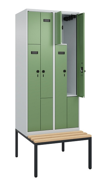 C+P Z-Spind Evolo PLUS, Bank, 4 Fächer, 2120x800x815mm, 7035/6011, Drehriegel, Sitzfläche Buche-Hartholz, Sitzbank, 0490537-224 S10002