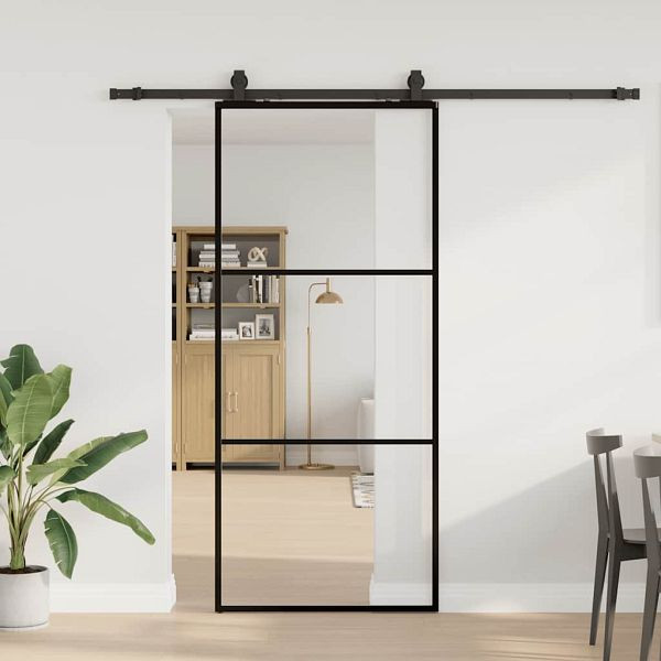 vidaXL Schiebetür mit Beschlag Schwarz 90x205 cm ESG-Glas, 3375922