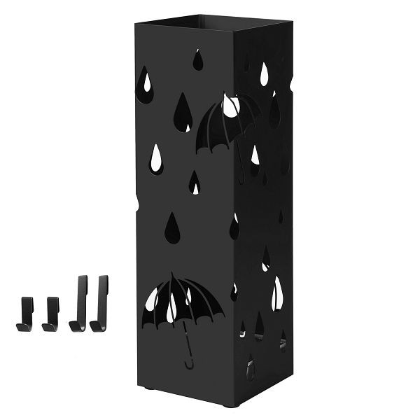 SONGMICS Metall-Regenschirmhalter, quadratischer Schirmhalter mit Tropfschale und 4 Haken, 15,5 x 15,5 x 49 cm, schwarzer, LUC49B