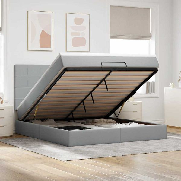 vidaXL Ottoman-Bett mit Matratze & LEDs Hellgrau 180x200 cm Stoff, 3314024