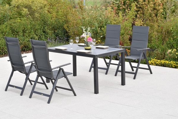 Merxx Taviano Set 5-teilig, 4 Klappsessel, Rückenlehne verstellbar, gepolstert, 1 Ausziehtisch, 150 (200) x 90 cm, Graphit/grau, 51031-207