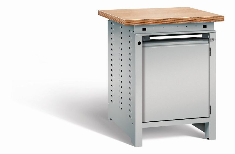 Otto Kind Werkbank Serie function Typ 104, Multiplexplatte 40 mm, überstehend, 1Tür 570 mm, 1 Ablageboden, komplett RAL 9006, 072321296