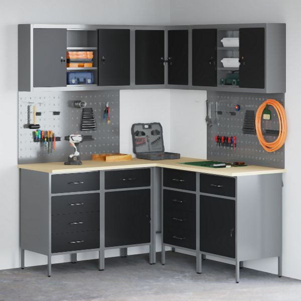 vidaXL 12-teiliges Werkstatt-Schrank- und Lochplatten-Set Schwarz MDF und Metall, 3321512