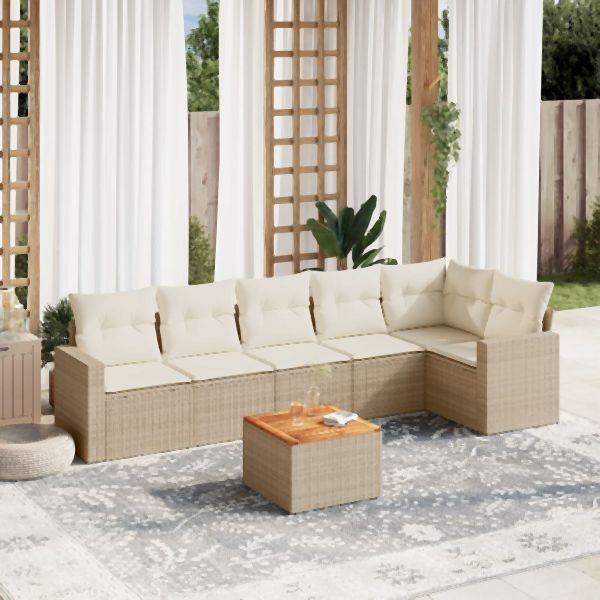 vidaXL 7-tlg. Garten-Sofagarnitur mit Kissen Beige Poly Rattan, 3224133