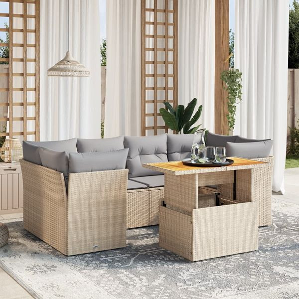 vidaXL 7-teilig Garten-Sofagarnitur mit Kissen Beige Poly Rattan, 3270688