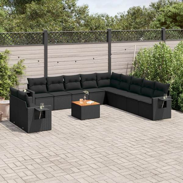 vidaXL 12-tlg. Garten-Sofagarnitur mit Kissen Schwarz Poly Rattan, UV-beständig, 3224641