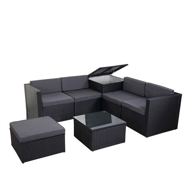 Mendler Poly-Rattan-Garnitur HWC-D21, Balkon-/Garten-/Lounge-Set Sofa Sitzgruppe, Box Staufach, anthrazit, Kissen dunkelgrau, 58613+58614+58615