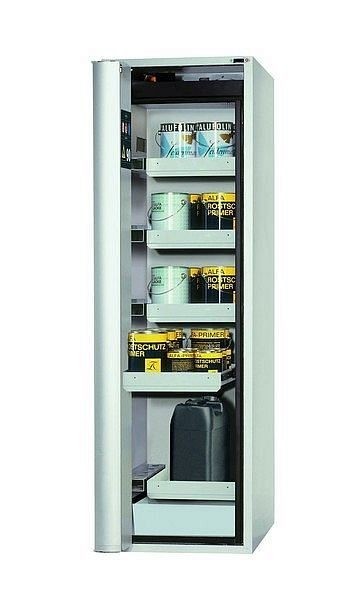 asecos Sicherheitsschrank S-PHOENIX touchless-90, S90.196.060.075.FDAO in lichtgrau RAL 7035 mit 4x Auszugswanne Standard (Stahlblech), 30317-001-30322