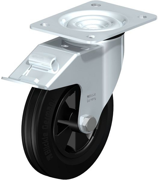 Blickle LE-VPP 160G-FI Stahlblech-Lenkrolle mit Anschraubplatte & Feststeller, Vollgummi, Schwarz, 410332