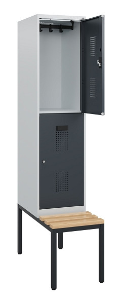 C+P Doppelstöckiger Spind Evolo PLUS, Bank, 2 Fächer, 1950x400x815mm, 7035/7016, Zylinderschloss, Sitzfläche Buche-Hartholz, Sitzbank, 0493505-12 S10039