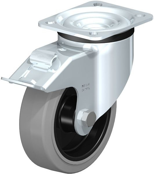 Blickle LK-POEV 125R-1-FI-SG Stahlblech-Lenkrolle, schwere Ausführung, mit Anschraubplatte & Feststeller, Elastik-Vollgummi, Grau, 595405