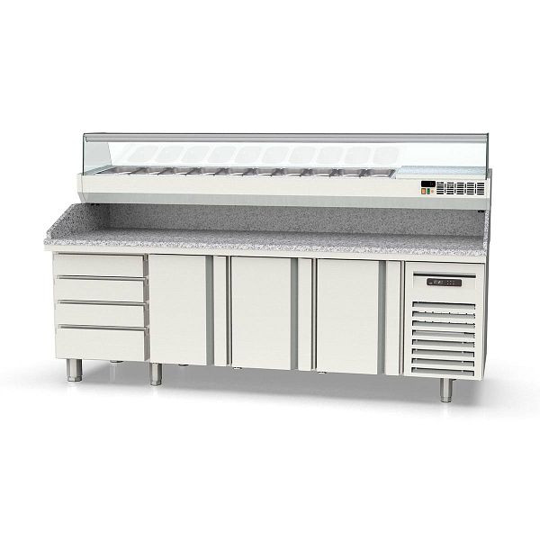 Vaiotec TOPLINE Pizzatisch 800 / 4-fach mit 3 Türen, EN 60x40, Schubladenblock, Granitplatte grau, inkl. Kühlaufsatz, GN 1/4, 2545 mm breit, 11622