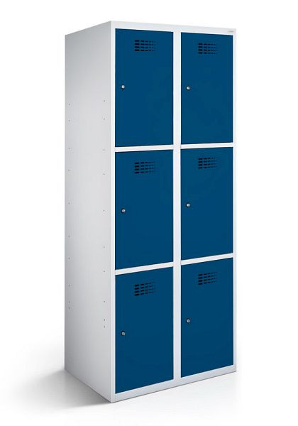 KEMMLIT Schließfachschrank mit 2 Abteilen und 6 Türen 40cm mit geschlossenem Sockel, Enzianblau 5010, Zylinderschloss, 100556