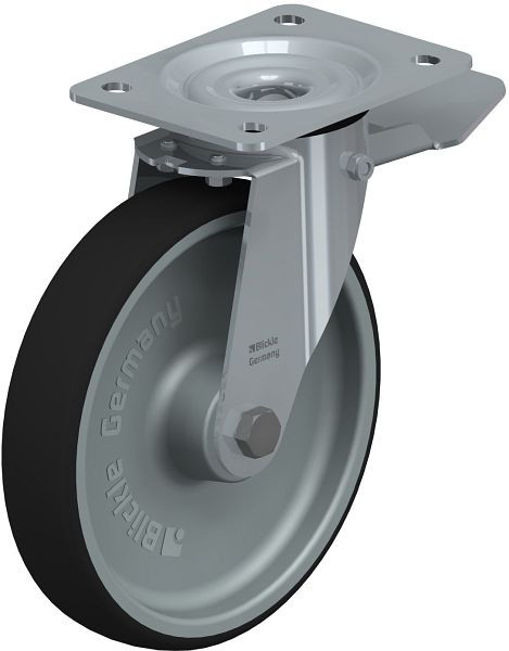 Blickle LE-PATH 200R-ST Stahlblech-Lenkrolle mit Anschraubplatte & Feststeller, Thermoplastisches Polyurethan, Grau, 852166