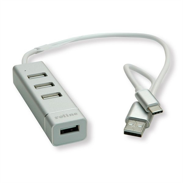 ROLINE USB 2.0 Notebook Hub, 4 Ports, Typ A+C Anschlusskabel, 14.02.5037