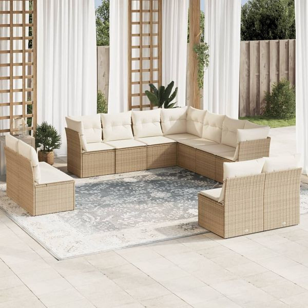 vidaXL 11-tlg. Garten-Sofagarnitur mit Kissen Beige Poly Rattan, 3217818