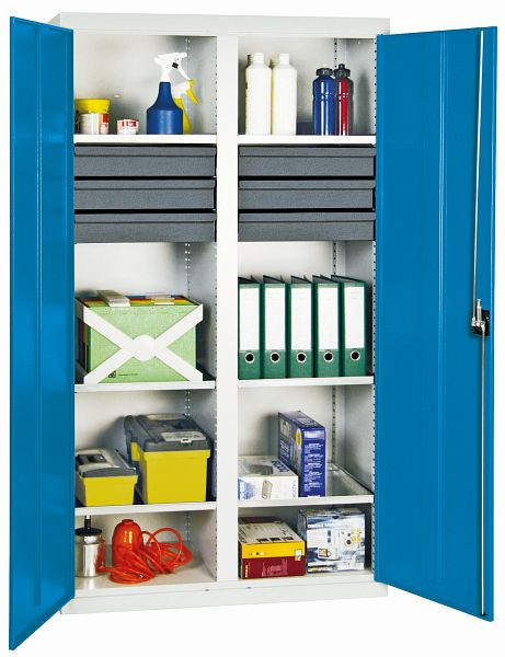 stumpf Werkzeugschrank, Höhe 180 cm, mit 2 Abteilen, 6 ausziehbare Wannenböden, 6 Schubladen, lichtgrau / lichtblau, 3004278