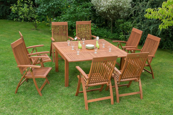 Merxx Comodoro Set 7-teilig, 6 Comodoro Klappsessel, 5-fach verstellbar, 1 Quadrat Ausziehtisch, 100 (150) x 150 cm, FSC Eukalyptusholz, 50008-011