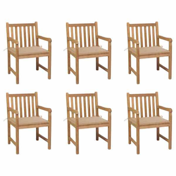 vidaXL Gartenstühle 6 Stück mit Beigen Kissen Massivholz Teak, 3073034