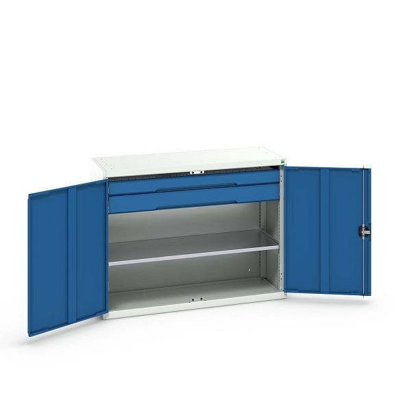 bott verso Flügeltürschrank mit Schubladen, mit 1 Fachboden und 2 Schubladen, BxTxH: 1300 x 550 x 1000 mm, Lichtgrau / Enzianblau, 16926605.11