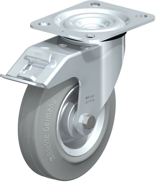 Blickle L-RD 125R-FI-VLI Stahlblech-Lenkrolle, mittelschwere Ausführung, mit Anschraubplatte & Feststeller, Zweikomponenten-Vollgummi, Grau, 251041