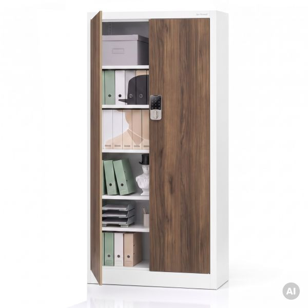 Jan Nowak Metall-Büroschrank mit Zahlenschloss, Weiß, Nussbaum, 900x1850x400 mm, DANIEL Eco Design, 2279