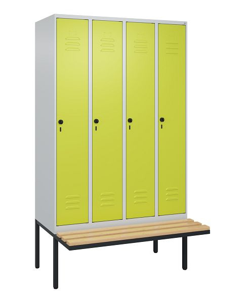 C+P Umkleidespind Classic PLUS, 4 Abteile, 2120x1200x815mm, 7035/0024, Drehriegel, Buche-Sitzleisten, je 2 Doppel-Haken, 0800407-40F S10010