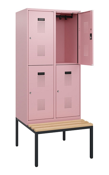 C+P Doppelstöckiger Spind Evolo PLUS, Bank, 4 Fächer, 1950x800x815mm, 3015/3015, Zylinderschloss, Sitzfläche Buche-Hartholz, Sitzbank, 0493505-22 S10071