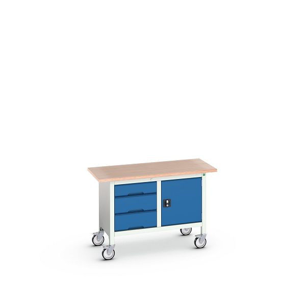 bott verso mobile Kastenwerkbank (Multiplex) mit 3 Schubladen und 1 Tür, BxTxH: 1250 x 600 x 830 mm, Lichtgrau / Enzianblau, 16923203.11