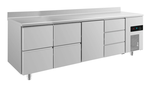 A&S Polarny Kühltisch -2 bis +8°C mit Tür mittig-rechts, 2x zwei Schubladen und drei Schubladen rechts, 2330 x 700 x 850 mm, mit Aufkantung, KT4ZZTDA