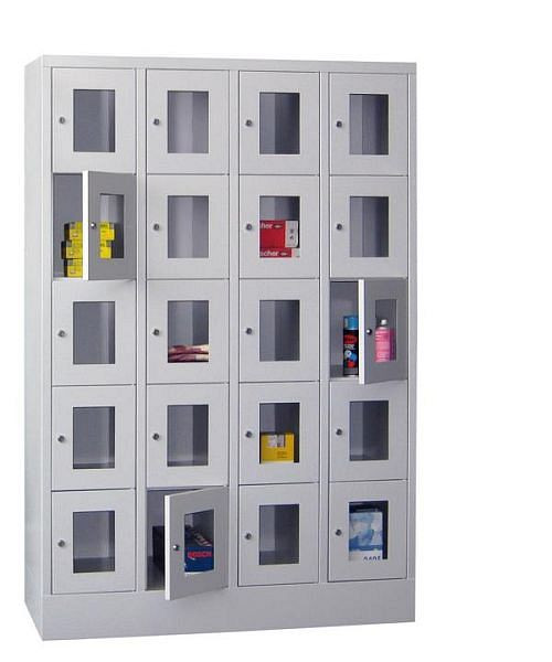Pavoy Schließfachschrank mit Sockel 1850/500/1200, 4b x 5h, Zylinderschloss, Abteilbreite 300, Sichtfenster, 61213-453-091-910905