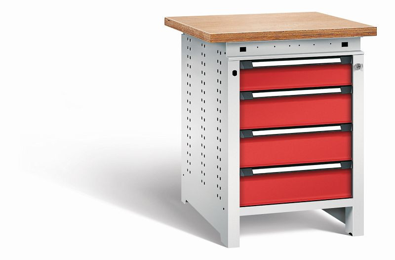 Otto Kind Werkbank Serie function Typ 107, Multiplexplatte, überstehend, 4 Schubladen, mit Zentralverschluss, Gehäuse RAL 7035, Front RAL 3000, 072324234