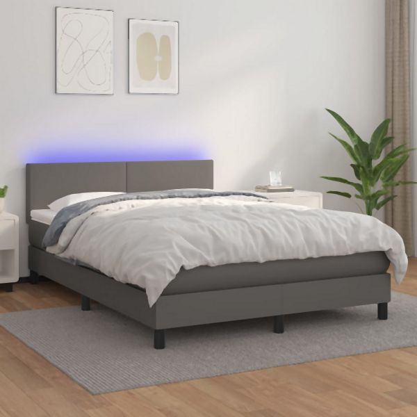 vidaXL Boxspringbett mit Matratze & LED Grau 140x190 cm Kunstleder, 3134103