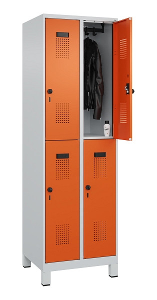 C+P Doppelstöckiger Spind Evolo PLUS, mit Füßen, 4 Fächer, 1950x600x500mm, 7035, Frontfarbe RAL 2004 Reinorange, Drehriegel, 049310-20 S10002
