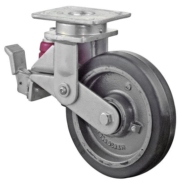 BS Rollen Gefederte Schwerlastrolle mit Feststeller, Breite 50 mm, Ø200 mm, bis 450 kg, Elastik-Reifen schwarz, Radkörper Guss, Kugellager, T120.B81.200
