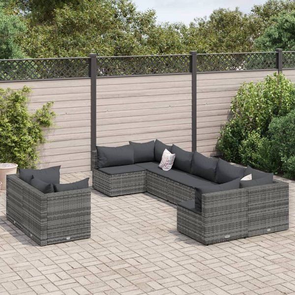vidaXL 9-teilig Garten-Sofagarnitur mit Kissen Grau Poly Rattan, 3308298