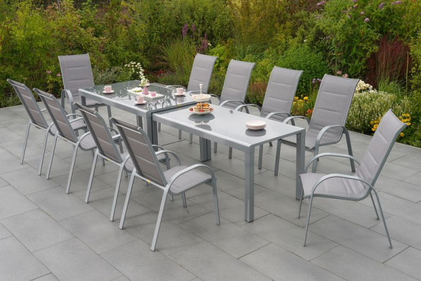 Merxx Amaro Set 11-teilig, 10 Amaro Stapelsessel, hohe Lehne, gepolstert, 1 Flex Ausziehtisch 160/160 x 78/75 x78/74,5 cm, Silber/diamantbraun, 50705-330