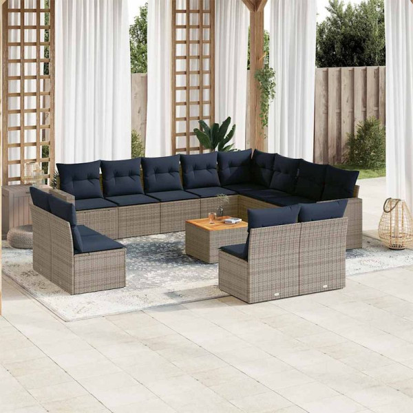 vidaXL 13-teilige Garten-Sofagarnitur mit Kissen Grau Poly Rattan, 3256705
