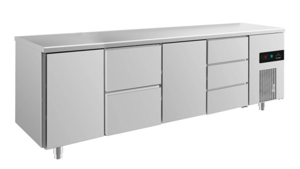A&S Polarny Kühltisch -2 bis +8°C mit 2x Türen, 1x zwei Schubladen mittig-links und 1x drei Schubladen rechts, 2330 x 700 x 850 mm, KT4TZTD