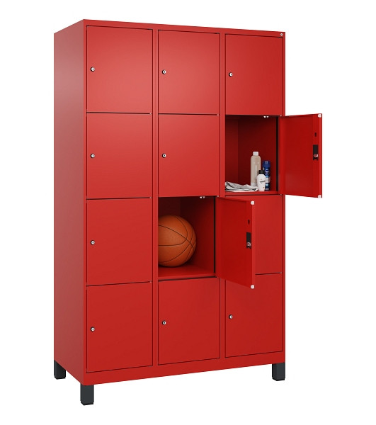 C+P Schließfachschrank Evolo PLUS, mit Füßen, 12 Fächer, 1950x1200x500mm, 3020/3020 Verkehrsrot, Abteile 3, Abteilbreite 400 mm, 049010-324 S10025