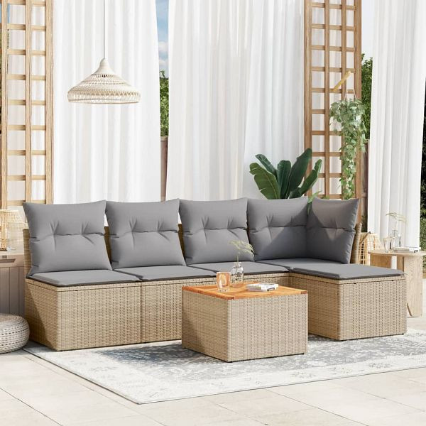 vidaXL 6-teilig Garten-Sofagarnitur mit Kissen Beige Poly Rattan, 3223602