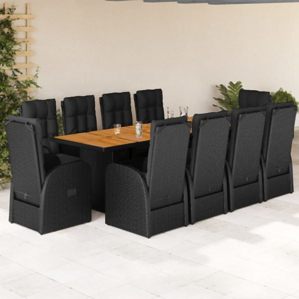 vidaXL 11-tlg. Garten-Essgruppe mit Kissen Schwarz Poly Rattan, 3277631