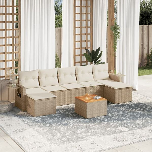 vidaXL 8-tlg. Garten-Sofagarnitur mit Kissen Beige Poly Rattan, 3257024