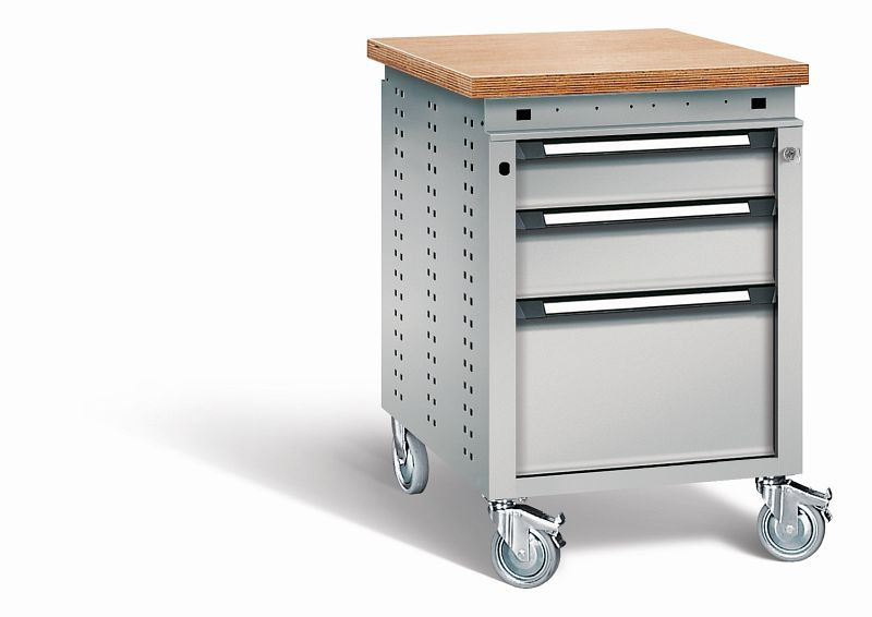 Otto Kind Werkbank Serie function Typ 152 fahrbar, Multiplexplatte 40 mm, bündig, 3 Schubladen, mit Zentralverschluss, komplett RAL 9006, 072379196