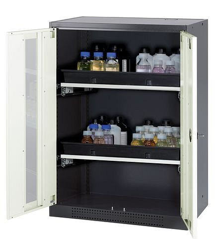 asecos Chemikalienschrank Systema-T CS-82G, Korpus anthrazit, Flügeltüren weiß, 2 Tablarauszüge, 208697