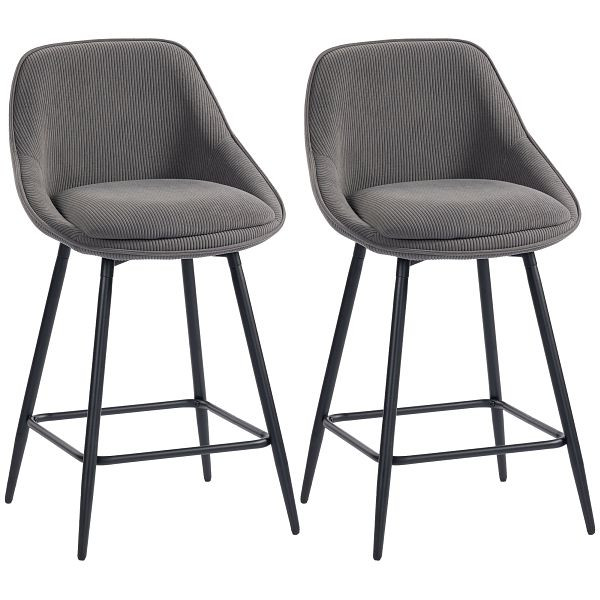 HOMCOM 2er-Set Barstühle mit Cordbezug und Stahlbeinen, Polsterstühle für Kücheninsel, Esszimmer, Grau, 83A-344V00GY