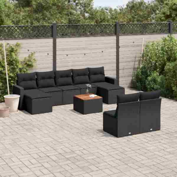 vidaXL 10-tlg. Garten-Sofagarnitur mit Kissen Schwarz Poly Rattan, UV-beständig, 3256650