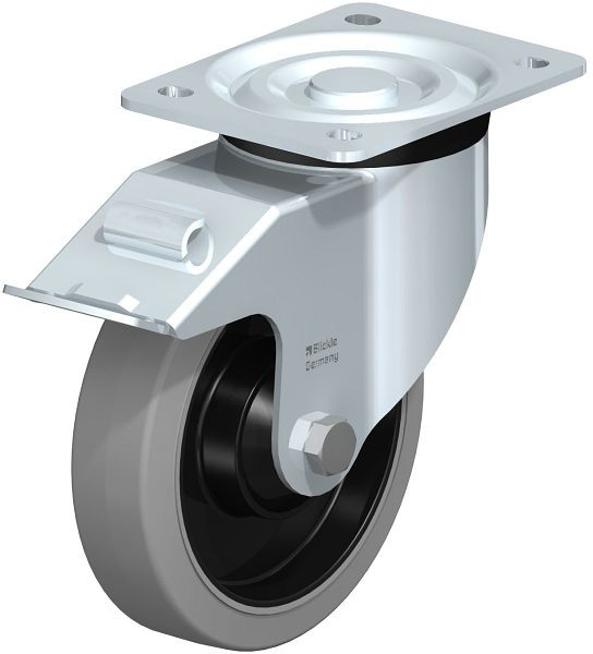 Blickle L-POEV 161K-FI-SG Stahlblech-Lenkrolle, mittelschwere Ausführung, mit Anschraubplatte & Feststeller, Elastik-Vollgummi, Grau, 850604