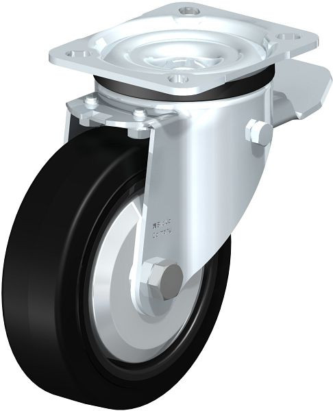 Blickle LK-POEV 125K-1-ST-FA Stahlblech-Lenkrolle, schwere Ausführung, mit Anschraubplatte & Feststeller, Elastik-Vollgummi, Schwarz, 431247